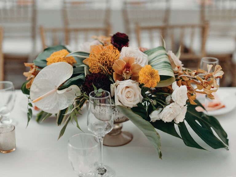 orange, white and burgundy bouquet