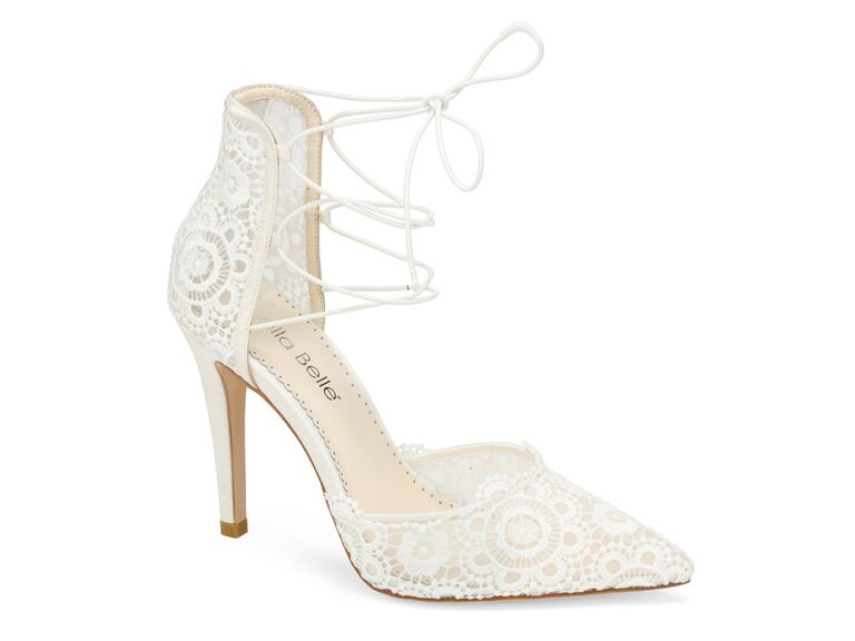 nordstrom white lace wedding pump with lace up ankle strap and pointed toe