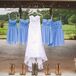 Justine chose a sweetheart-neckline wedding dress with a lace overlay, and her bridesmaids donned short, strapless, cornflower-blue dresses. Justine and her girls all wore brown cowboy boots to add a country flair.