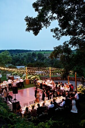 String Lights and Dance Floor at Farm Wedding Reception