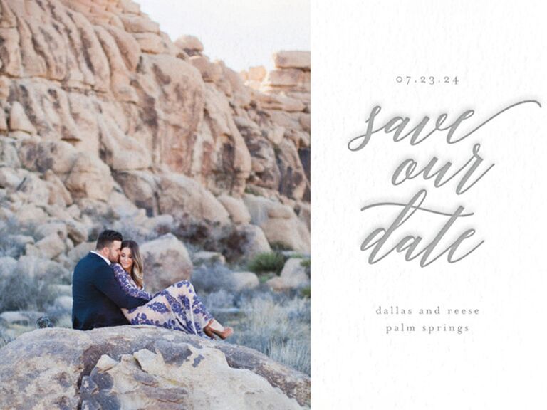 minted white and grey letterpress simple save the date card with photo and script