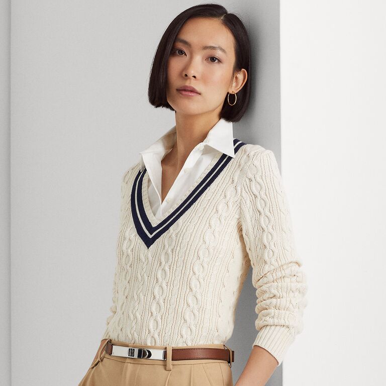 Cream Cable-Knit Cricket Sweater for sporty bachelorette bride outfit