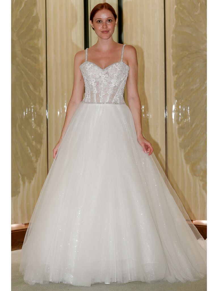 Randy Fenoli Fall 2019 Bridal Collection sparkly tulle ball gown with beaded bodice and spaghetti straps