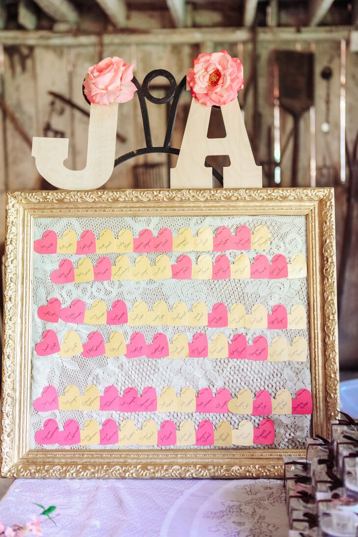The heart-shaped escort cards were displayed on a gold framed board. The display was topped with gold monograms.