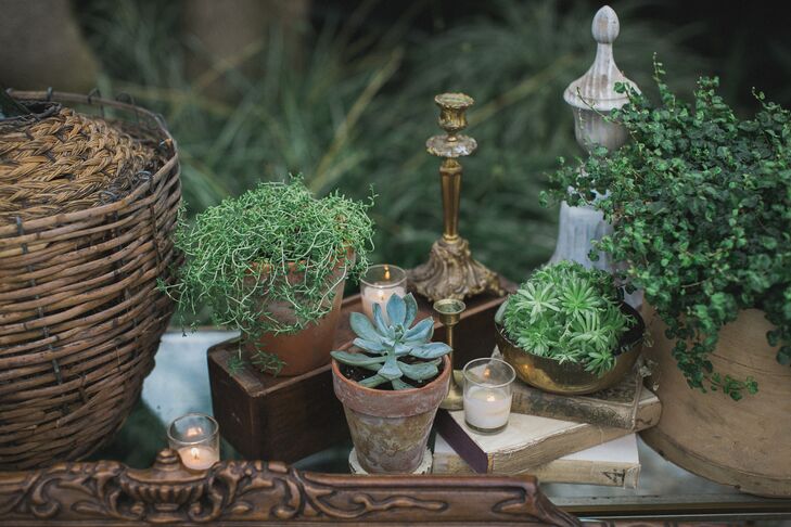 The greenhouse was beautifully decorated with antique trays, candlesticks, vases, baskets and small pots of succulents.