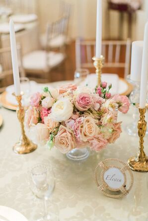 Pink Rose Centerpiece With White Ranunculus