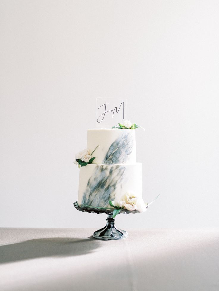 blue-and-white marble-inspired cake
