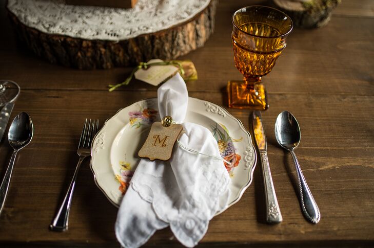 Mismatched Antique China Tableware with Monogrammed Wooden Tags