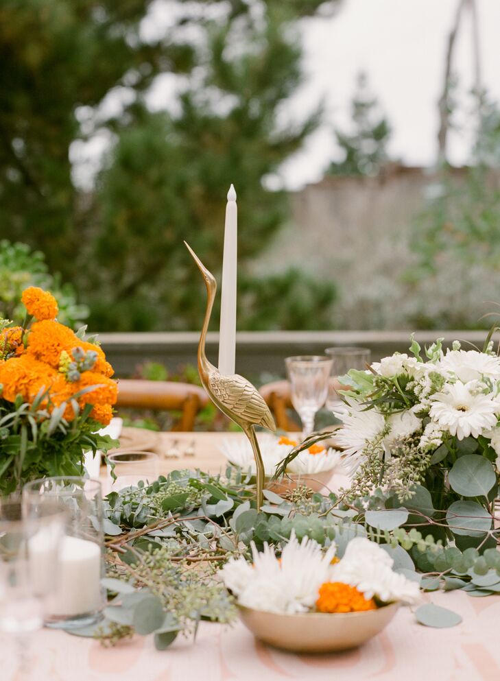 Gold Crane Candle Holder on Table