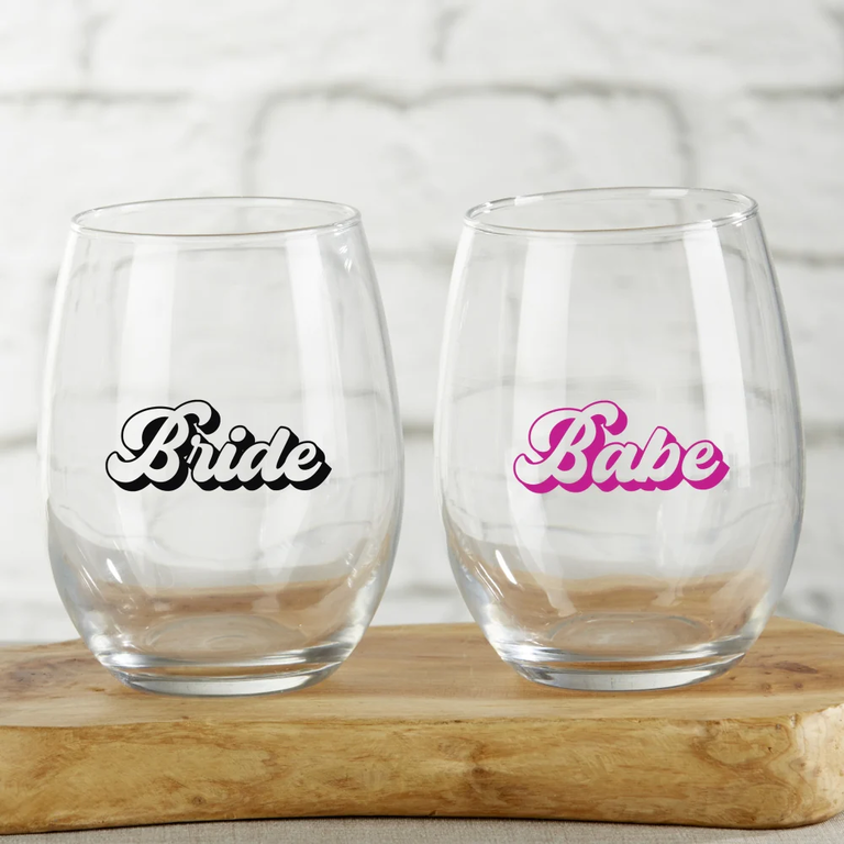 Retro Barbie Stemless Wine Glass in pink and black from My Wedding Favors for your best bach party