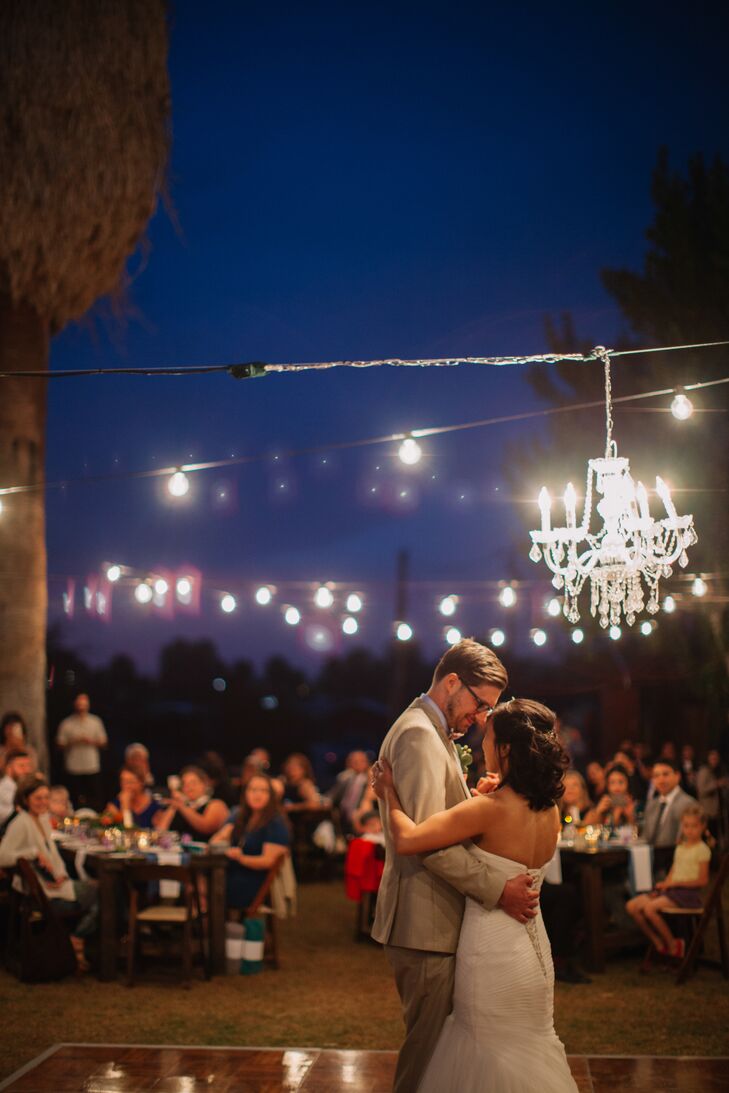 Outdoor First Dance with Chandelier and String Lights