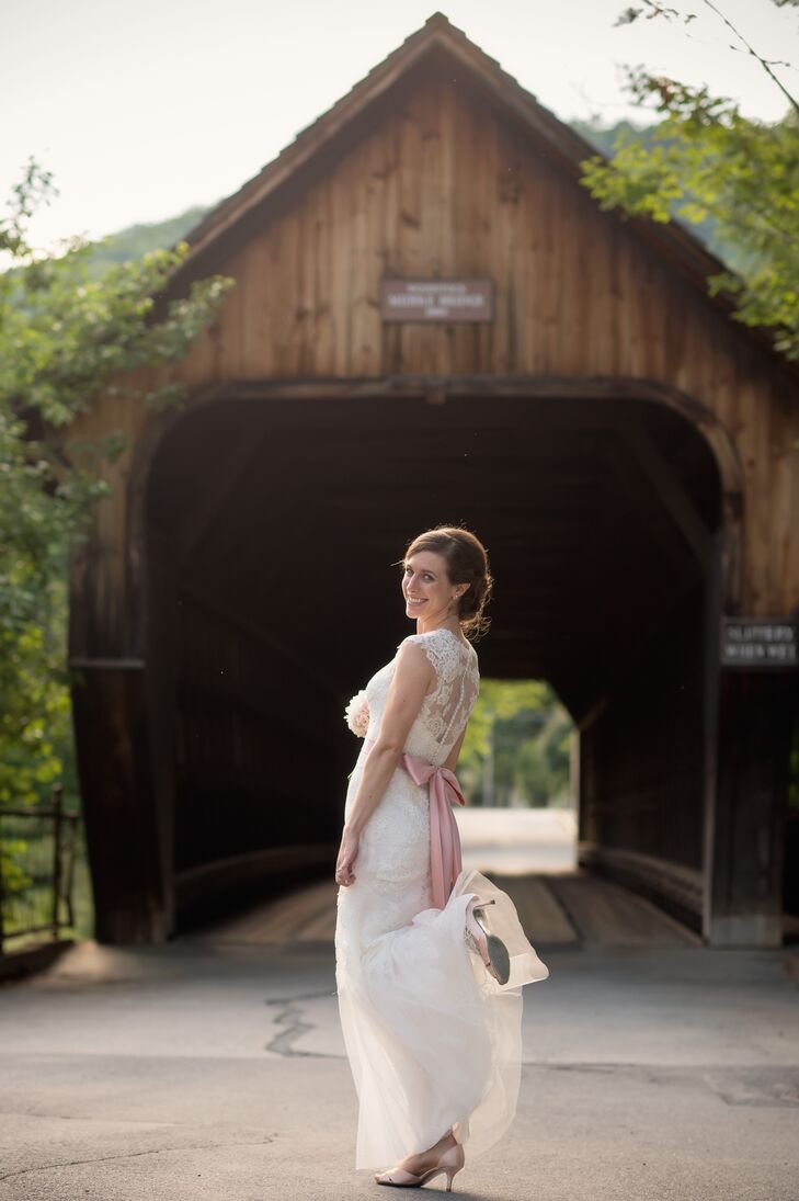 "For the reception, I wanted to switch into a fun and airy dress," says Nellie. After the ceremony, she shed her grandmother's vintage wedding dress in favor of a more modern, A-line gown by Monique Lhuillier.