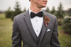 Pine Cone Boutonniere With Red Plaid Ribbon