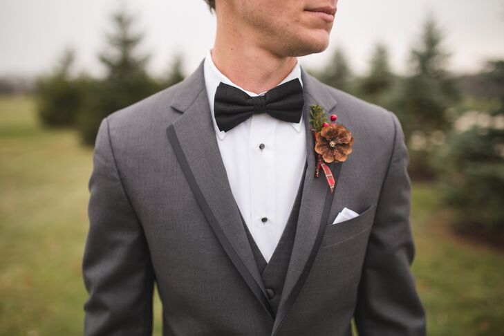 Pine Cone Boutonniere With Red Plaid Ribbon