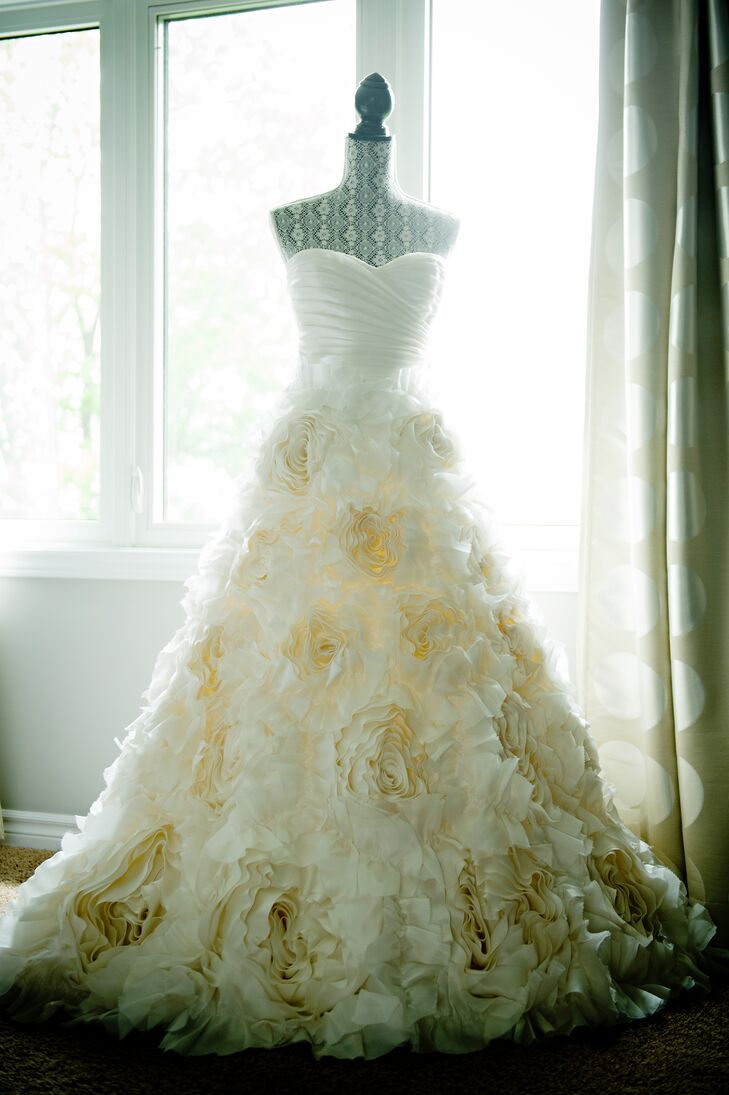 Strapless Satin Monique Lhuillier Ball Gown with Rosette Skirt