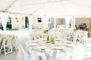 Tented Reception With Gray and White Floral Linens
