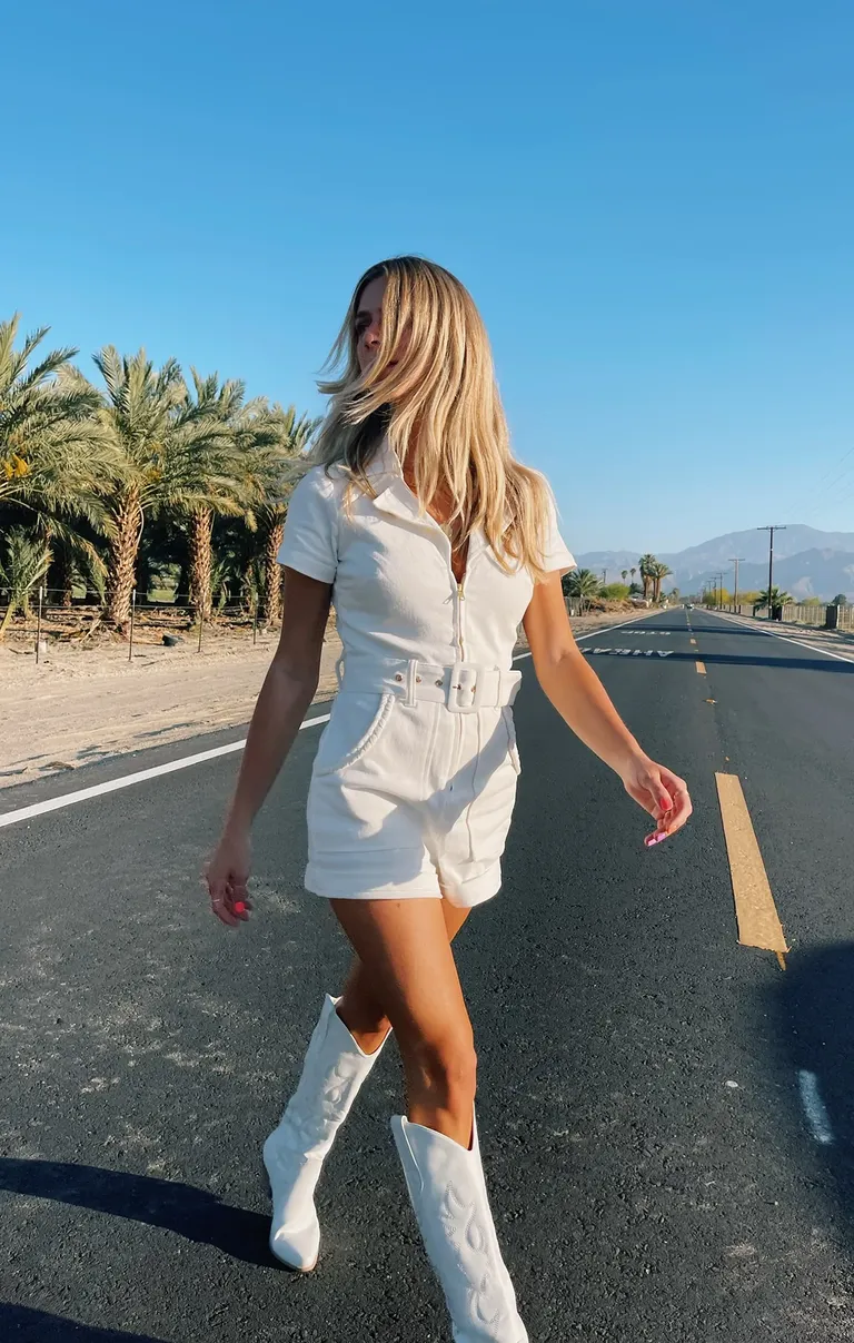 white belted zip up denim romper
