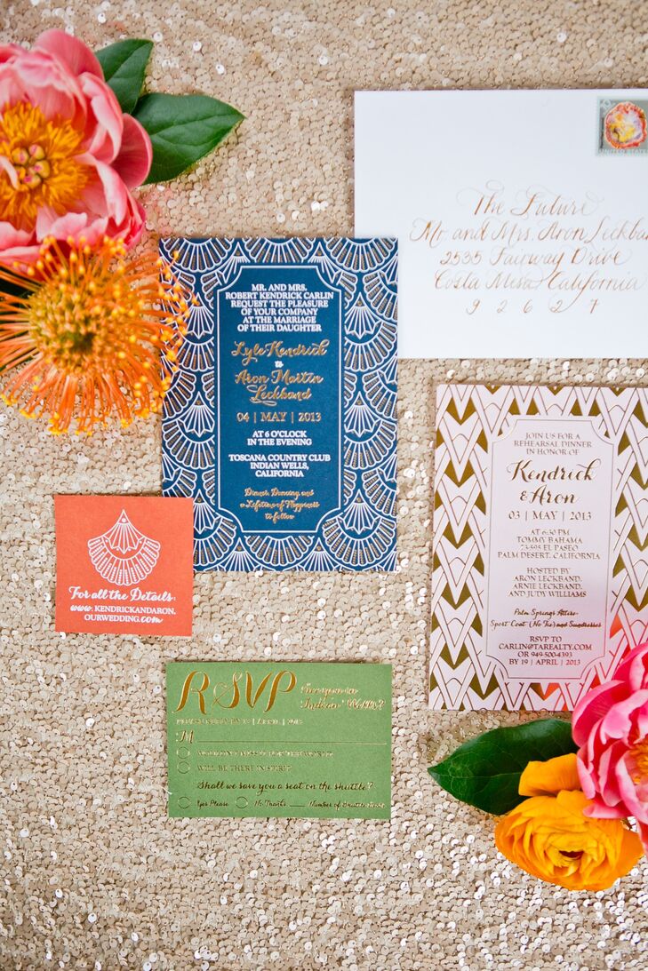 Kendrick and Aron's stationery had a 1920's glam feel with art deco prints, gold leaf and colorful paper.