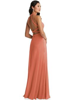 Dessy Group Stand Collar Halter Maxi Dress with Criss Cross Open-Back - 3082 Halter Bridesmaid Dress