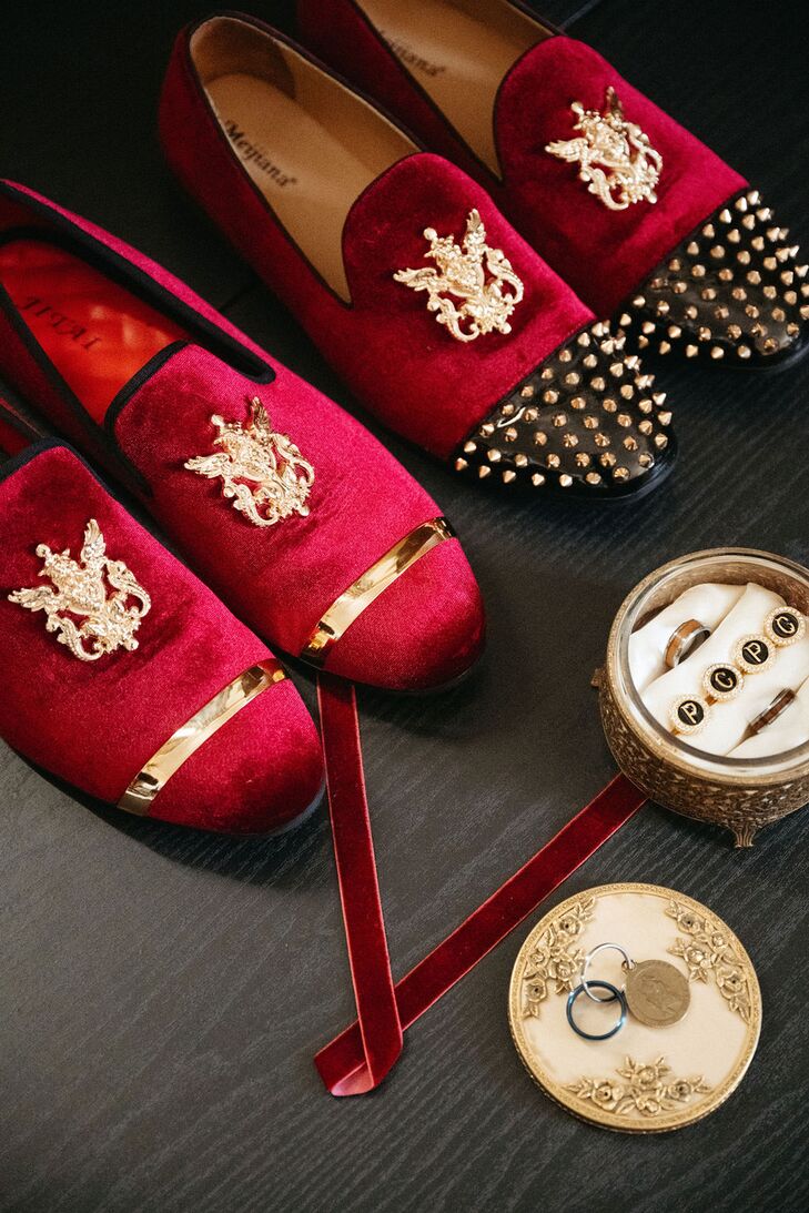 Red Velvet Men's Loafers With Gold Embellishments, Studs, Black Leather Toe