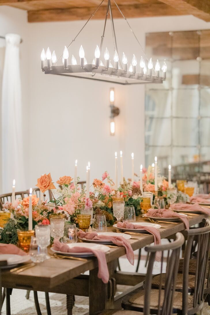Tablescape with Orange Flowers and Rustic Chandelier