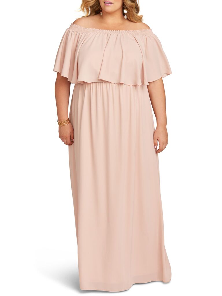 Blush off the shoulder plus size bridesmaid dress