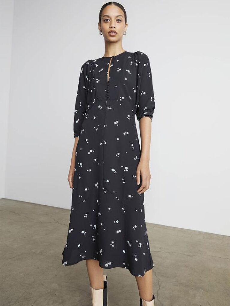 Black floral print midi dress