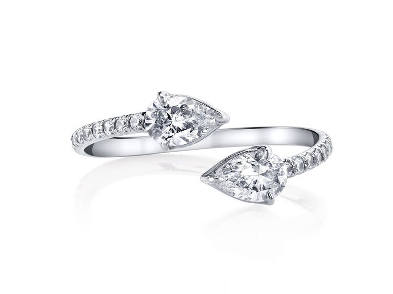 two stone diamond ring with pave band and pear diamonds