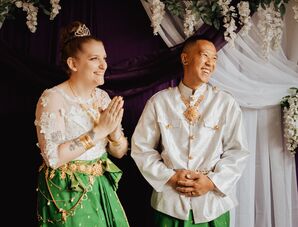 Bride and Groom ay Interfaith, Khmer Wedding in Green-and-White Attire
