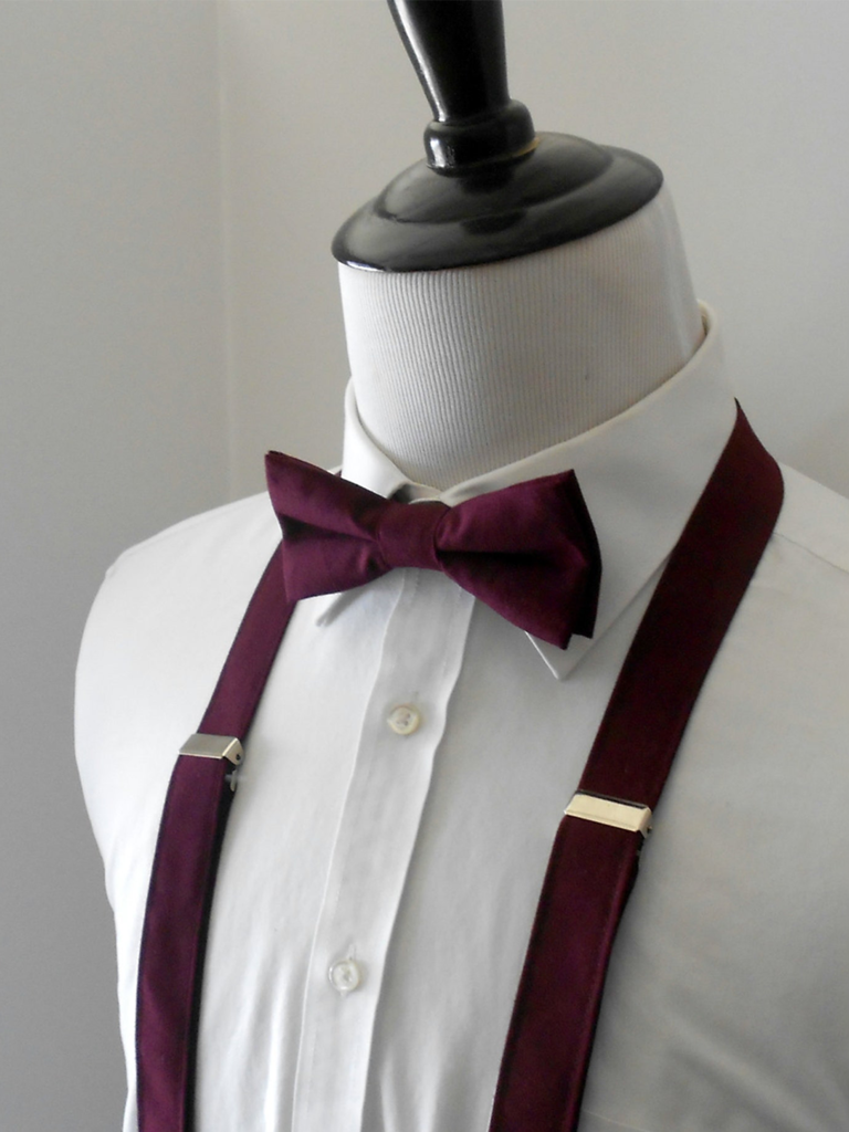 Burgundy suspender and bowtie set with gold plating