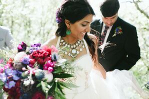 Bohemian Bride with White Necklace and Green Earrings