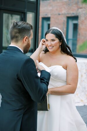 Bride in Strapless Sweetheart Gown, Down Hairstyle Crying at First Look With Groom