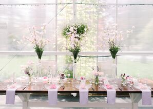 Romantic Dining Table with Tall Cherry Blossom Centerpieces