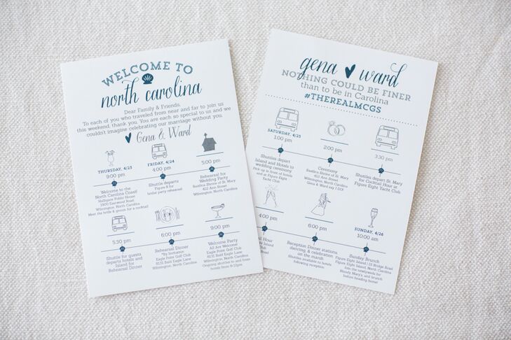 Yellow House took care of Genevieve and Ward’s invitation suite, and Rachel Knowlton took the reins on the couple’s welcome bags, koozies, cocktail napkins and programs. “I basically gave her a rough sketch of what I was looking for, and she made it look beautiful,” says Genevieve. The schedule of events was particularly noteworthy for its playful illustrations that gave guests a rundown on the weekend’s events.