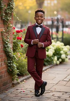 Little Tuxedos "Prodigy" Kids Burgundy Tuxedo (5-Piece Set) Flower Girl Dress and Ring Bearer Outfit