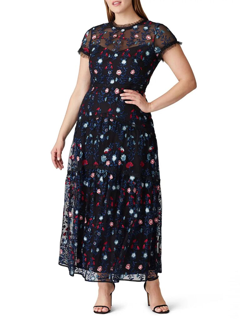 ML Monique Lhuillier dark floral embroidered dress for black-tie optional attire