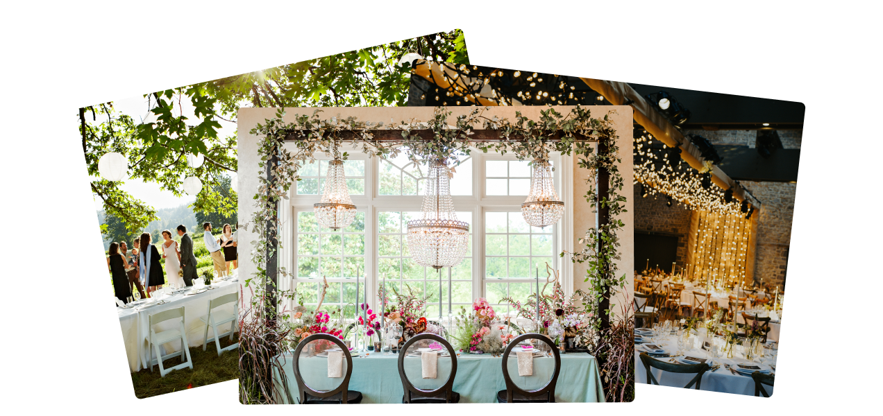 A reception venue with large windows, chandeliers, and lush greenery.