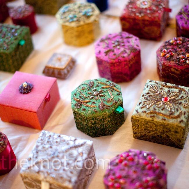 Indian jewelry boxes were given to the women who attended the Friday night gathering, a mehndi party hosted by the bride's family.