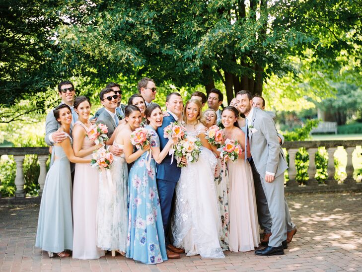 The Wedding Party Wore Various Pastel and Floral Gowns