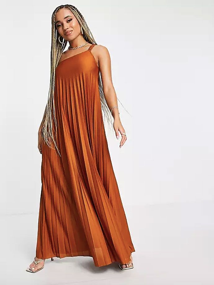 Rust colored one-shoulder pleated maxi formal fall wedding guest dress