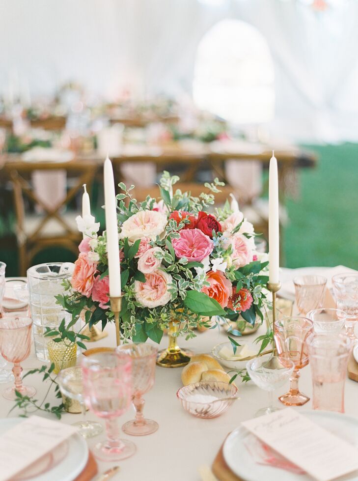 Place Settings with Taper Candles, Pink Accents and Vintage Glassware