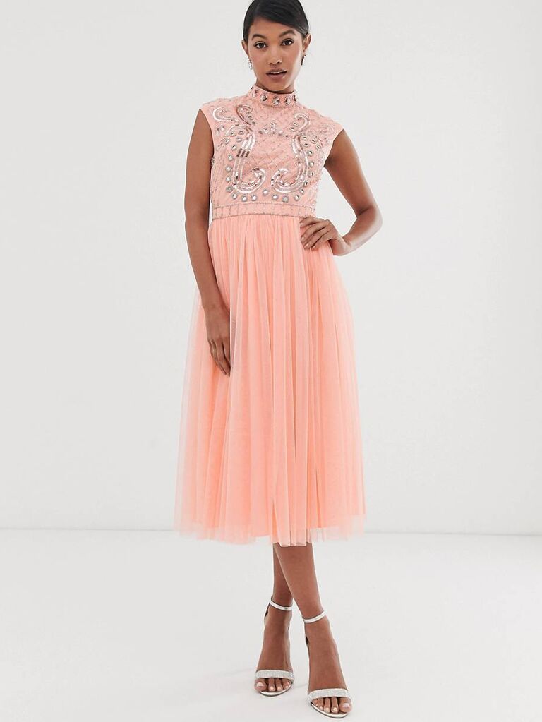 Peach midi dress with embellished bodice and tulle skirt