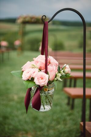 Hanging Pink Rose Aisle Decorations with Burgundy Ribbons