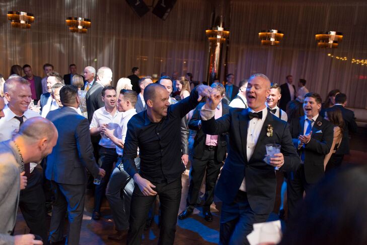 Their first dance was to Bryan Adams's  "Heaven," which was sung by a friend. Dinner was kicked off with a toast from a friend who sang "When You Love Someone."