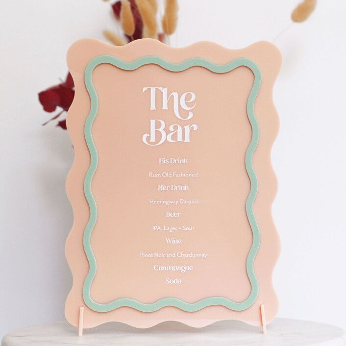 Modern acrylic pink and green bar sign for wedding
