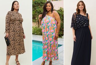 collage of three cute plus-size wedding guest dresses