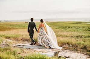 Bride in Patterned Wedding Dress Walking With Suit in Coastal Maine