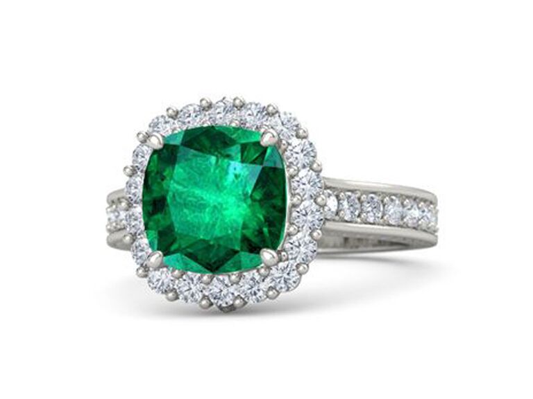 gemvara customizable emerald cushion cut engagement ring with round diamond halo and round diamond band