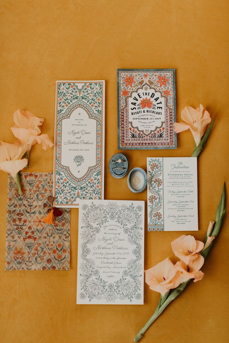 Patterned Invitations for Indian Wedding at Overbrook House in Buzzards Bay, Massachusetts