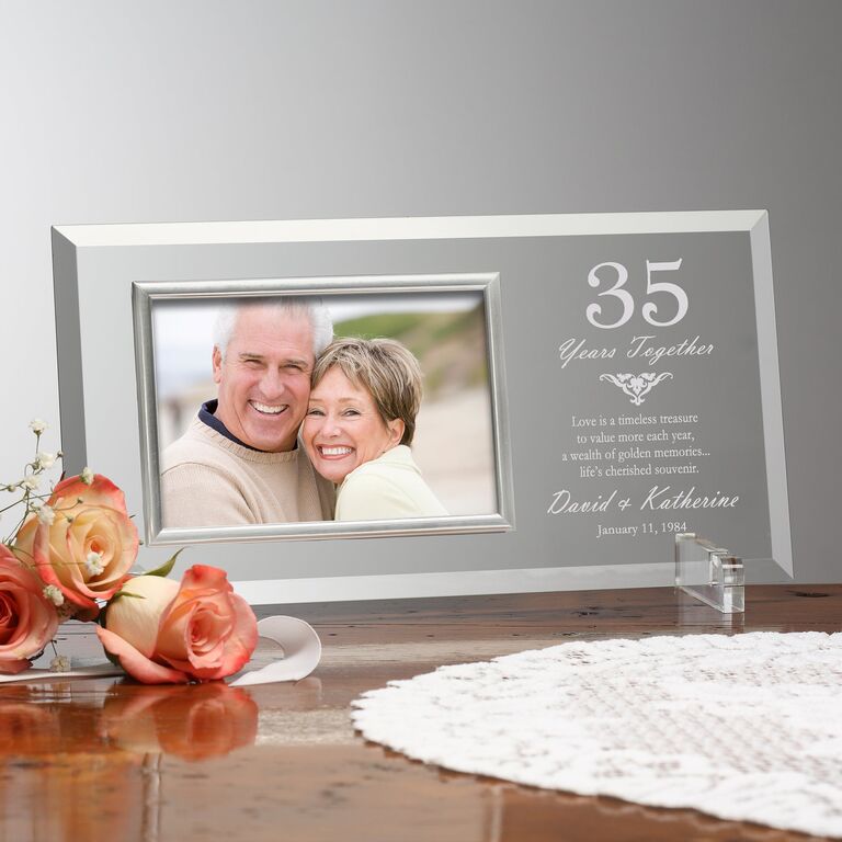 Glass personalized picture frame for a 35th anniversary. 